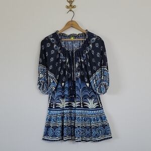 FARM Rio Blue Paisley Palm Elbow Sleeve Mini Dress Size Small